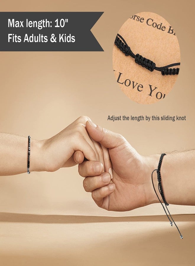 KDQUEERY 2 PCS Morse Code Bracelets for Women Men, I Love You String Adjustable Matching Bracelets Gifts for Couples Mom Daughter Best Friend Inspirational bracelets with Black Hematite Beads - Image 4